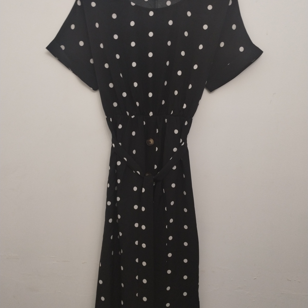 Elegant Black and White Polka Dot Midi Dress